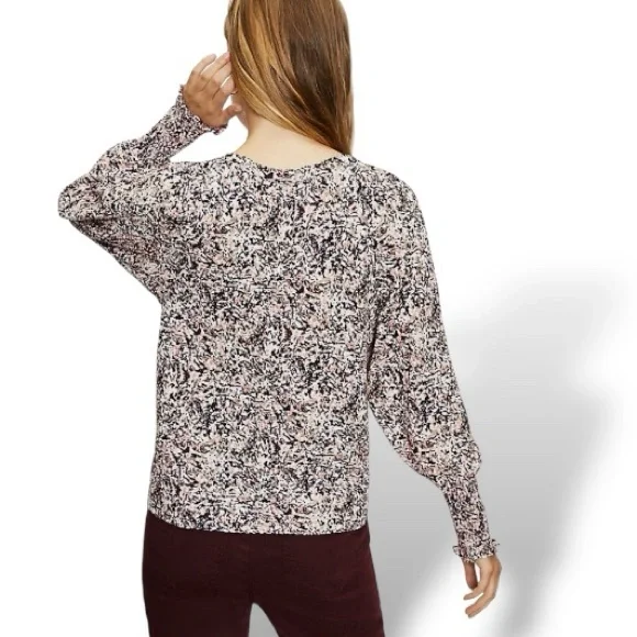 Loft Smocked Cuff Top Textured Balloon Sleeve Blouse - Picture 3 of 6